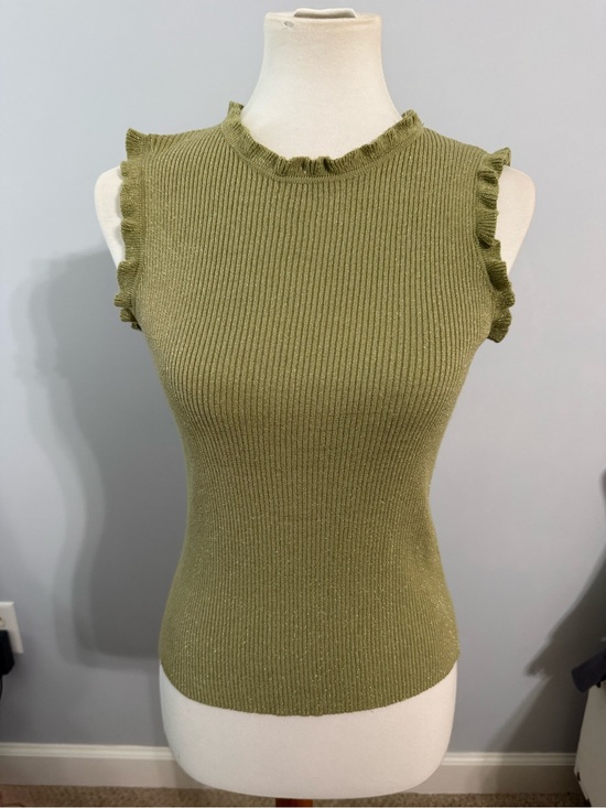 Season Tops - Olive Ribbed Sleeveless Tank with Ruffle Trim